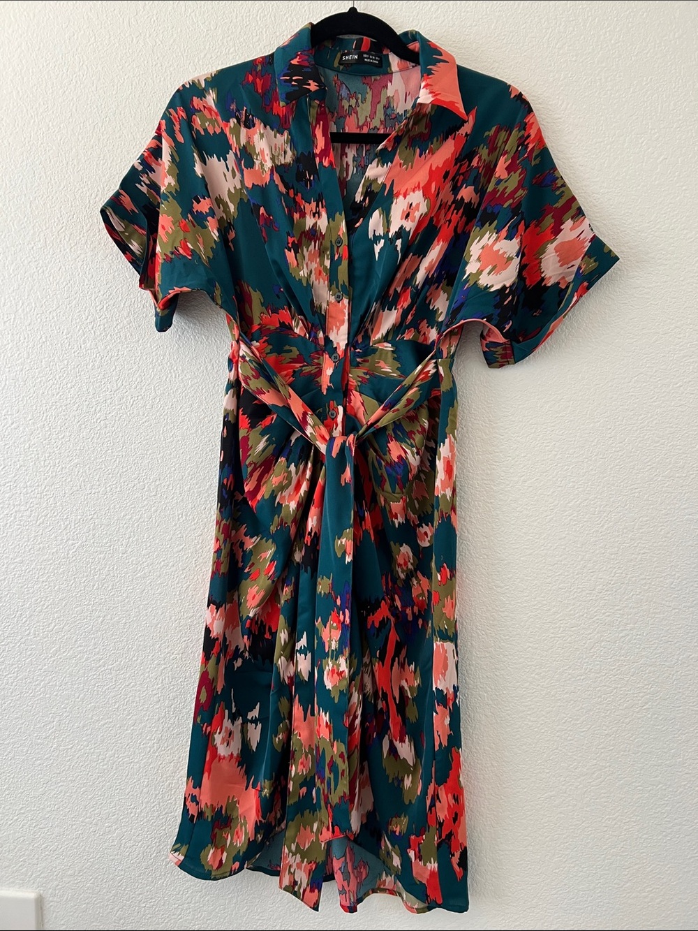 SHEIN Teal Multi-Color Tie-Waist Midi Dress